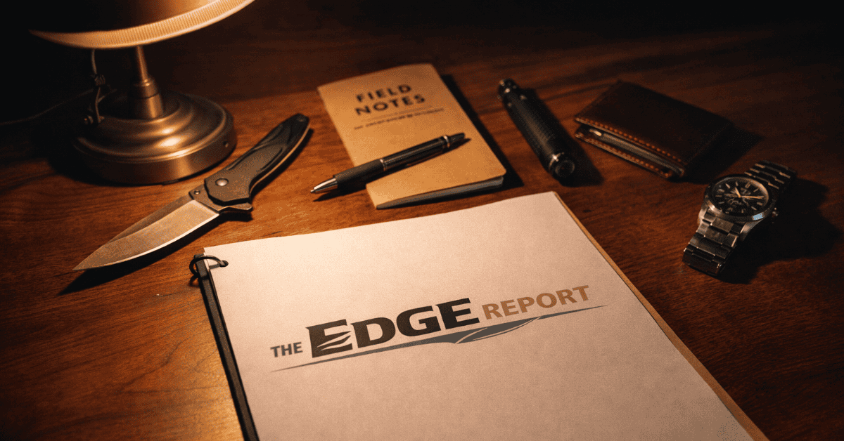 The Edge Report notebook, pen, and tools on wooden desk for investigative journalism.